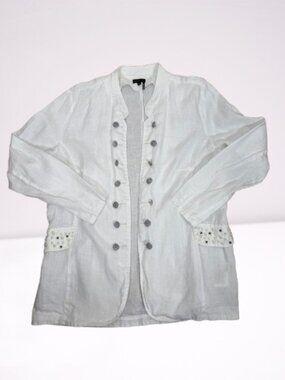 Tricotto 100% Linen Drummer Style Jacket Beaded Pockets Size XL White